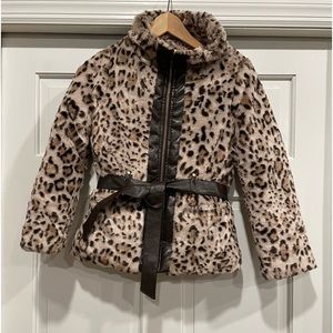 BCX Girls Faux Fur Leopard Jacket with Belt